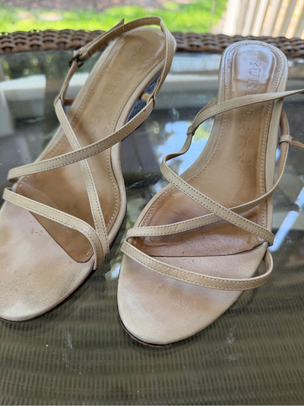 Burberry Neutral Beige Strappy Leather Slingback Heels